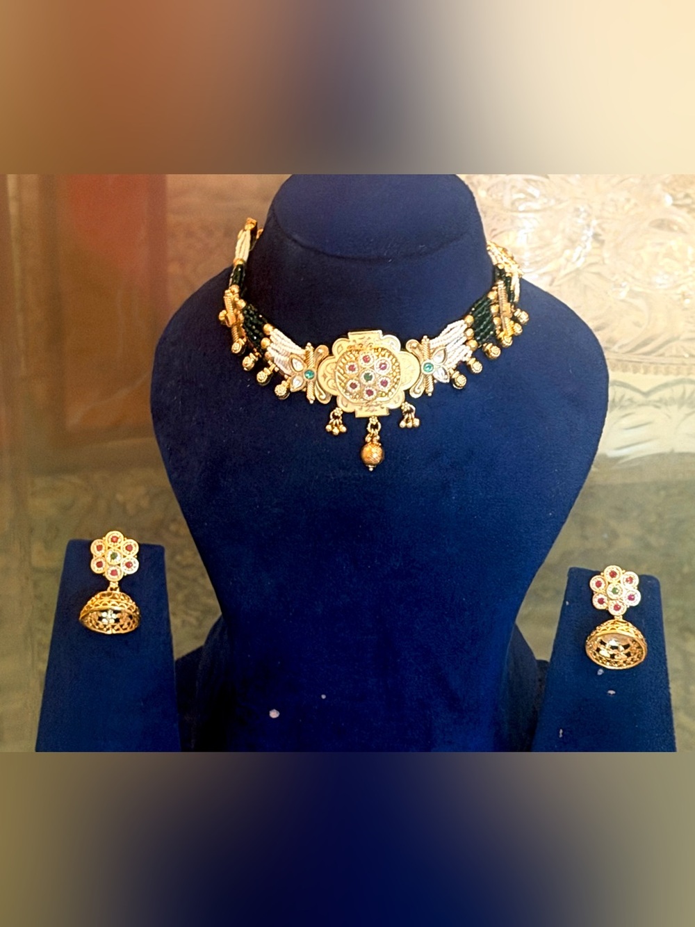 Gold and Green Kundan-Style Beaded Choker Necklace with Matching Earrings